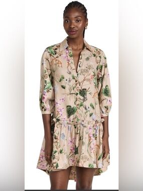 Cara Cara Beige Floral Button-Front Tunic with Green khaki Botanical Print XL